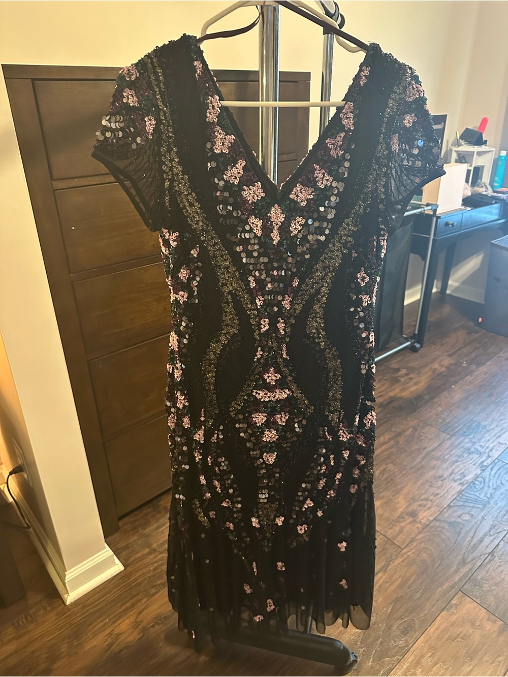 Adrianna Papell Black Dress with Pink Sequin Floral Accents